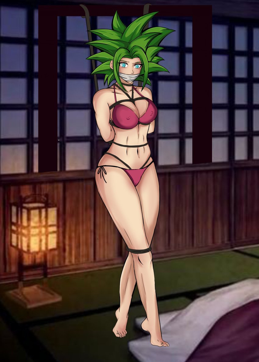 1girls arms_behind_back bikini blue_eyes bondage captured captured_girl defeated dragon_ball dragon_ball_super femsub fusion fusion_character green_hair kefla kefla_(dragon_ball) legs_together potara_earrings potara_fusion rope_bondage saiyan sex_slave shadesofscarlet shonen_jump shueisha slave string_bikini string_bra submissive_female super_saiyan tape_gag thong_bikini thong_panties tiptoes