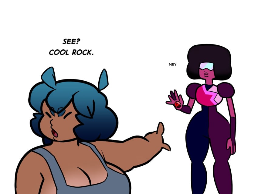 ahoge bangs bbw big_breasts blank_background blue_hair cameo chubby chubby_female closed_eyes cool_rock crossover crystal_gem dark-skinned_female dark_skin dckiq dialogue funny garnet_(steven_universe) gem kiqki_(dckiq) large_breasts meme plump pointing pointing_at_another short_hair silly squinted_eyes squinting steven_universe tan_lines tan_skin tan_skinned_female tanlines text thicc thick_thighs white_background