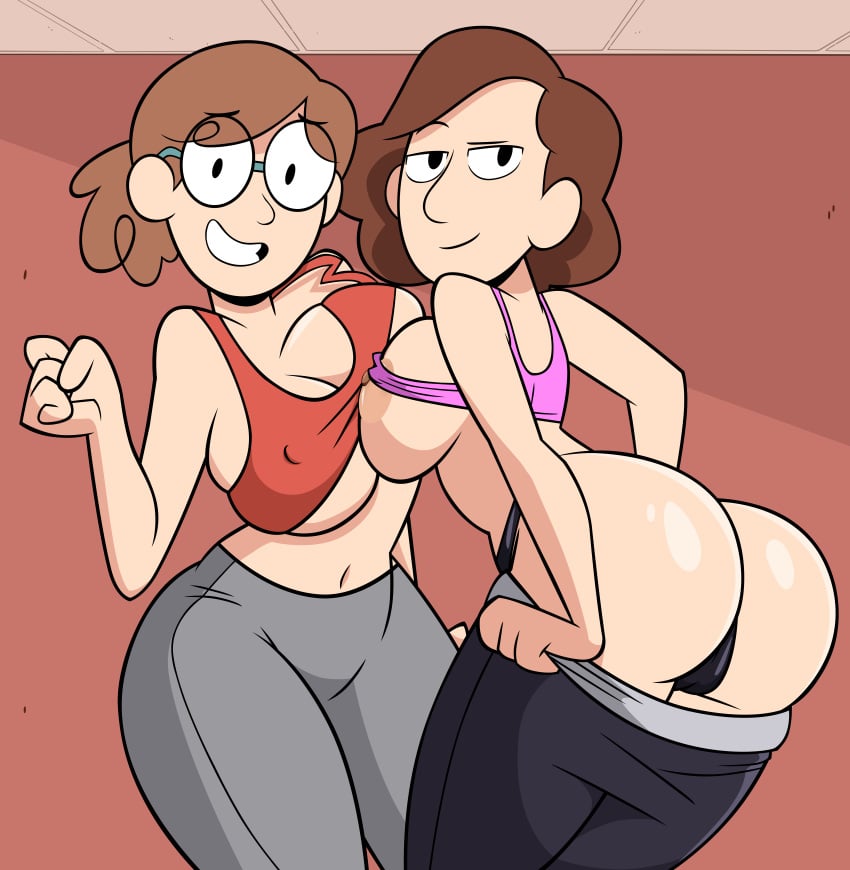 2girls breast_docking breasts_to_breasts david's_mom_(hilda) grimphantom hilda_(series) johanna_(hilda) nipple_bulge pants_pulled_down sideboob thong underboob visible_areolae yoga_pants yuri