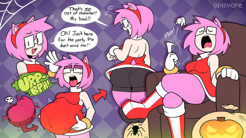 absurd_res after_vore amy_rose ass belly big_belly clothed clothing cosplay dialogue digestion extreme_size_difference eyewear female glasses hi_res human mammal micro opis opisvore oral_vore sega size_difference solo sonic_(series) sonic_the_hedgehog_(series) speech_bubble stomach_bulge upskirt vore