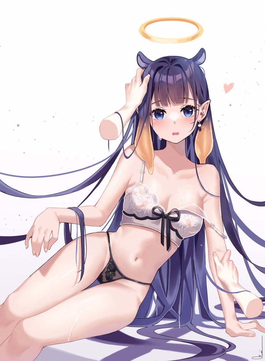 blue_eyes earrings embarrassed headpat heart hololive hololive_english hololive_myth kuri_nyann long_hair ninomae_ina'nis octopus_girl petting petting_head purple_hair shy skin_fang small_breasts tentacle_hair underwear_only undressing very_long_hair wholesome