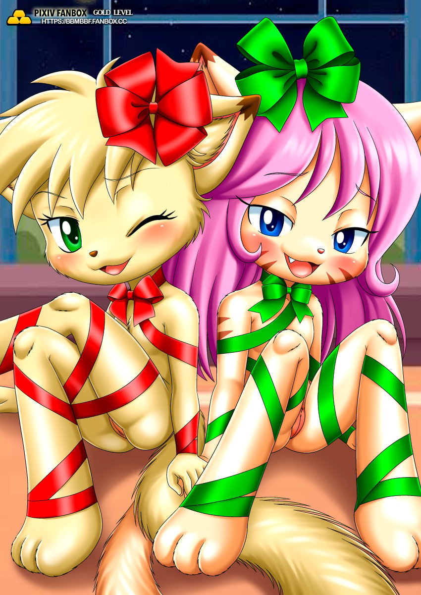 2girls annie_(little_tails) anthro anthro_only ass bbmbbf blush cathy_(little_tails) christmas domestic_cat feline female female_only furry gold_level little_tails looking_at_viewer nude one_eye_closed open_mouth palcomix pietros_secret_club pussy ribbon tongue