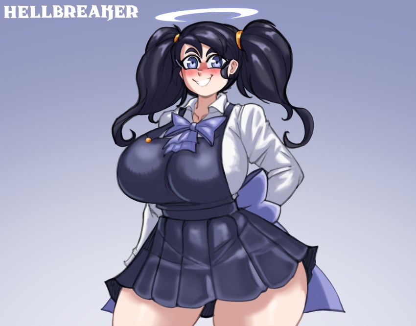 absurd_res angel_girl belphegor_(second_circle) black_hair blue_eyes blush bow bowtie child_bearing_hips commission curvaceous curvy_figure digital_media digital_media_(artwork) doocen female halo helltaker huge_breasts hyper_breasts pinup purification short_skirt skirt thick_thighs thick_thighs_save_lives thighs twintails voluptuous voluptuous_female