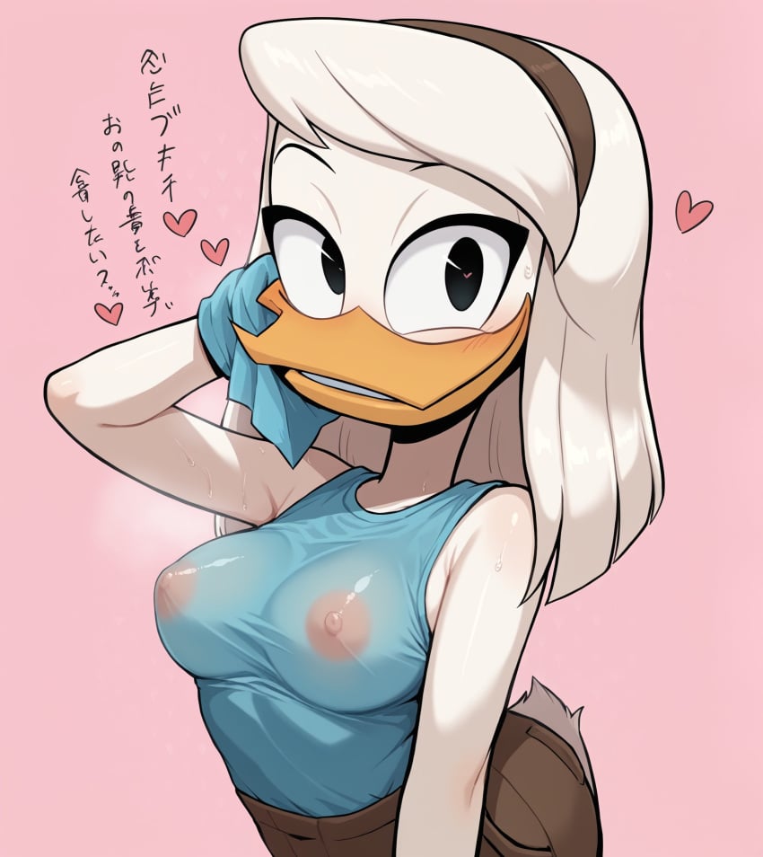 ai_generated anthro bedroom_eyes blush della_duck disney duck ducktales ducktales_(2017) furry nipples nipples_visible_through_clothing solo wet_clothes wet_shirt