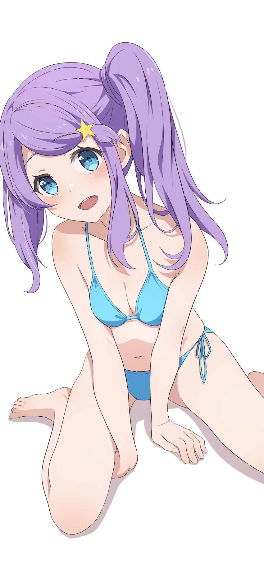 anastasia_hoshin arms_between_legs bare_arms bare_belly bare_legs bare_shoulders bare_thighs barefoot belly_button bikini blue_bikini blue_eyes blush body_blush breasts camui1104 cleavage collarbone feet hair_ornament long_hair open_mouth purple_hair re:zero_kara_hajimeru_isekai_seikatsu shiny_skin side-tie_bikini_bottom side_ponytail small_breasts smile string_bikini thighs toes wariza