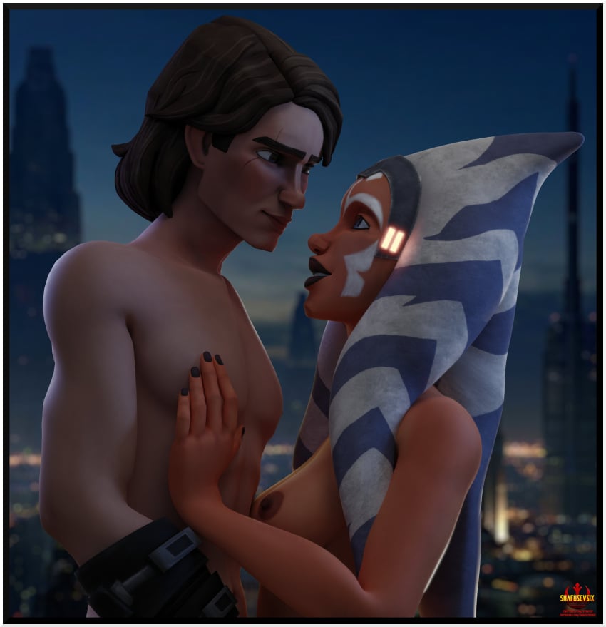 1boy 1girls 3d ahsoka_tano alien anakin_skywalker blue_eyes breasts clone_wars eye_contact hand_on_chest human interspecies looking_at_each_other nude orange_skin scar snafusevsix star_wars teacher_and_student togruta