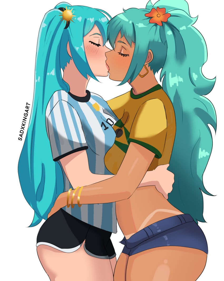 argentina argentinian_miku ass blue_hair brazilian brazilian_miku breast_press breasts hatsune_miku jean_shorts kissing sadxkingart shorts twintails yuri