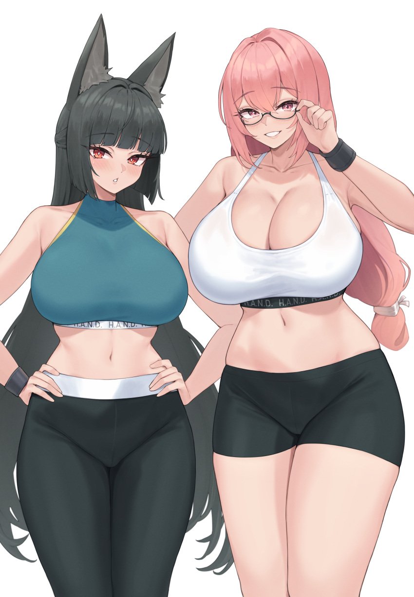 2girls black_hair breasts female fox_ears fox_girl hi_res hips hoshimi_miyabi huge_breasts kuavera light-skinned_female light_skin long_hair naughty_face pink_hair thick_thighs thighs tsukishiro_yanagi wide_hips zenless_zone_zero