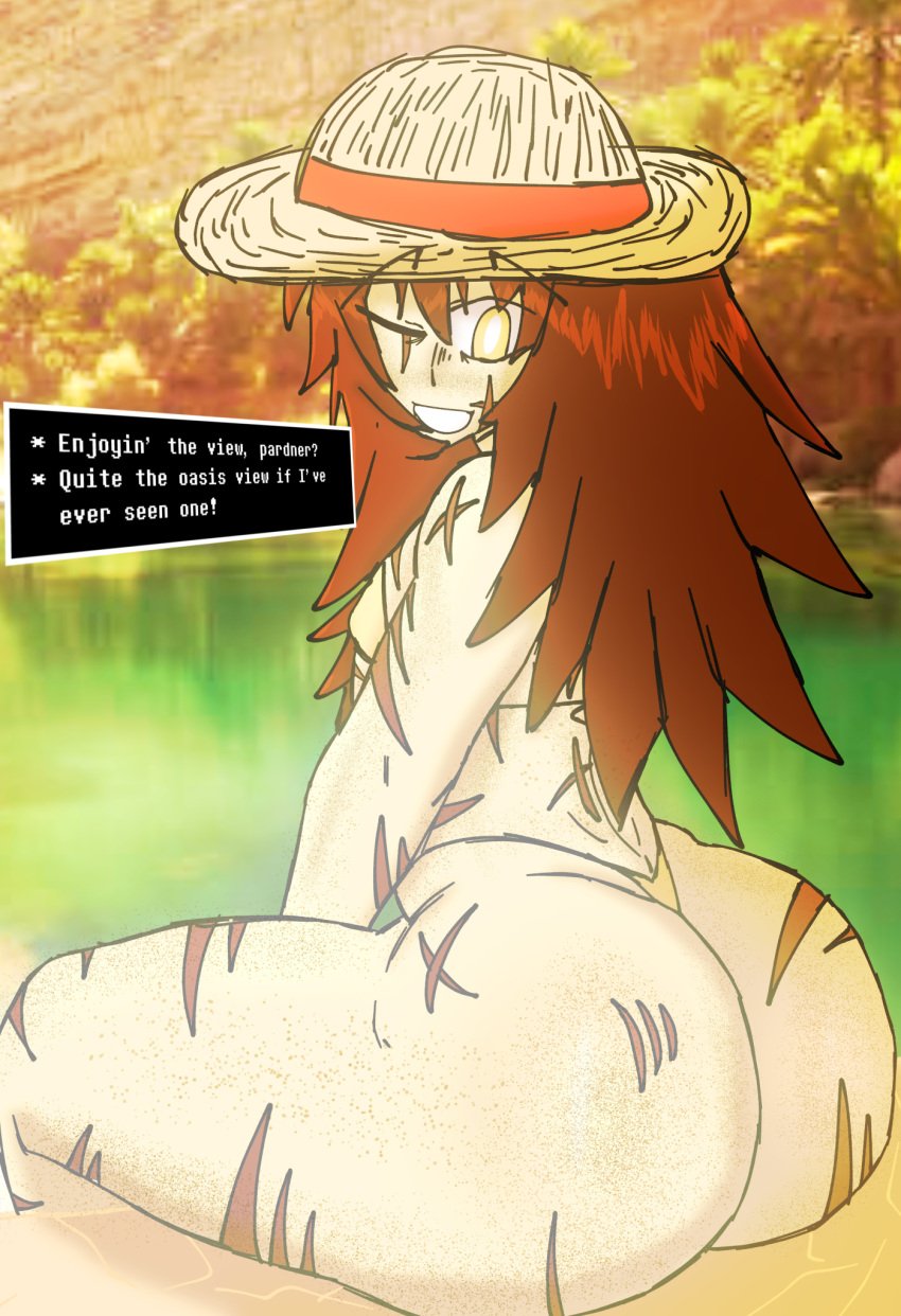 1boy bikini clover_(undertale_yellow) desert english_text femboy femboy_only looking_at_viewer luckami male male_only oasis parkretura scars sunhat text text_box undertale undertale_au undertale_yellow varmixtale