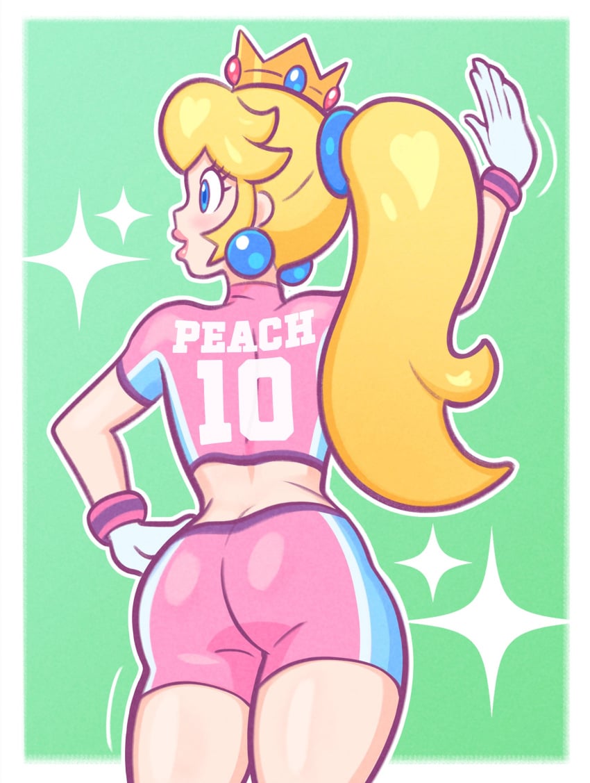 ass blonde_hair blue_eyes crown gloves hand_on_hip jewelry long_hair luma_draws mario_strikers mario_strikers_peach_back_view_redraw_(meme) ponytail princess_peach waving