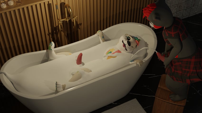 absurd_res anthro awtter bathroom bathtub bliss0tter bodily_fluids bottomwear candle clothed clothing clothing_lift crossdressing cum cum_bath cum_drip cum_in_ass cum_in_mouth cum_inside cum_on_penis cumshot dripping duo ejaculation femboy genital_fluids genitals hi_res lucky_(otter) lucky_otter male male/male mammal mustelid otter penis skirt skirt_lift vrchat_model william_(otter)