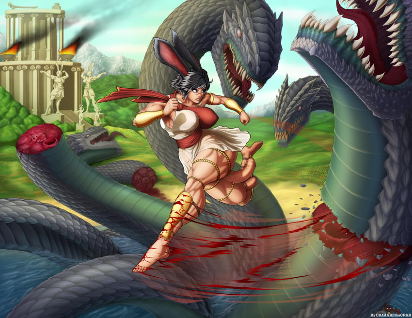 absurd_res athletic athletic_female battle biceps big_muscles big_nipples big_thighs black_hair blood breasts bunny_ears bunny_girl craaabe decapitation diphallism epic_battle_fantasy fantasy feet final_fantasy_xiv futanari greek_mythology huge_breasts hydra large_breasts martial_arts massive_breasts monster muscle_girl nipple_bulge nipples short_hair thick_thighs toned toned_body triceps viera