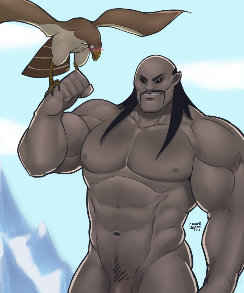 1boy bara beak bird bird_on_hand black_hair black_sclera blush colored_sclera completely_nude dark-skinned_male dark_skin facial_hair falcon fu_manchu_(mustache) grin guppo guppo13 hayabusa_(mulan) highres long_hair long_mustache looking_at_penis male_focus mature_male moustache mulan muscular muscular_male navel nipples nude pectorals pet pointy_ears shan_yu shan_yu_(disney) signature smile talons wings yellow_eyes