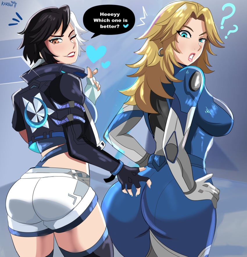 2girls ?? ass ass_focus big_ass big_breasts blonde_hair female female_only invisible_woman invisible_woman_(marvel_rivals) karbuitt looking_at_viewer looking_back luna_snow luna_snow_(marvel_rivals) marvel marvel_rivals sue_storm text thick_thighs