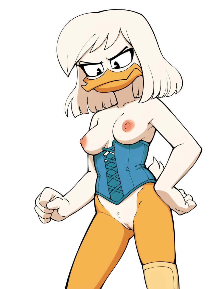 ai_generated angry_face anthro big_breasts corset della_duck disney duck ducktales ducktales_(2017) furry furry_female furry_only nipples nude solo