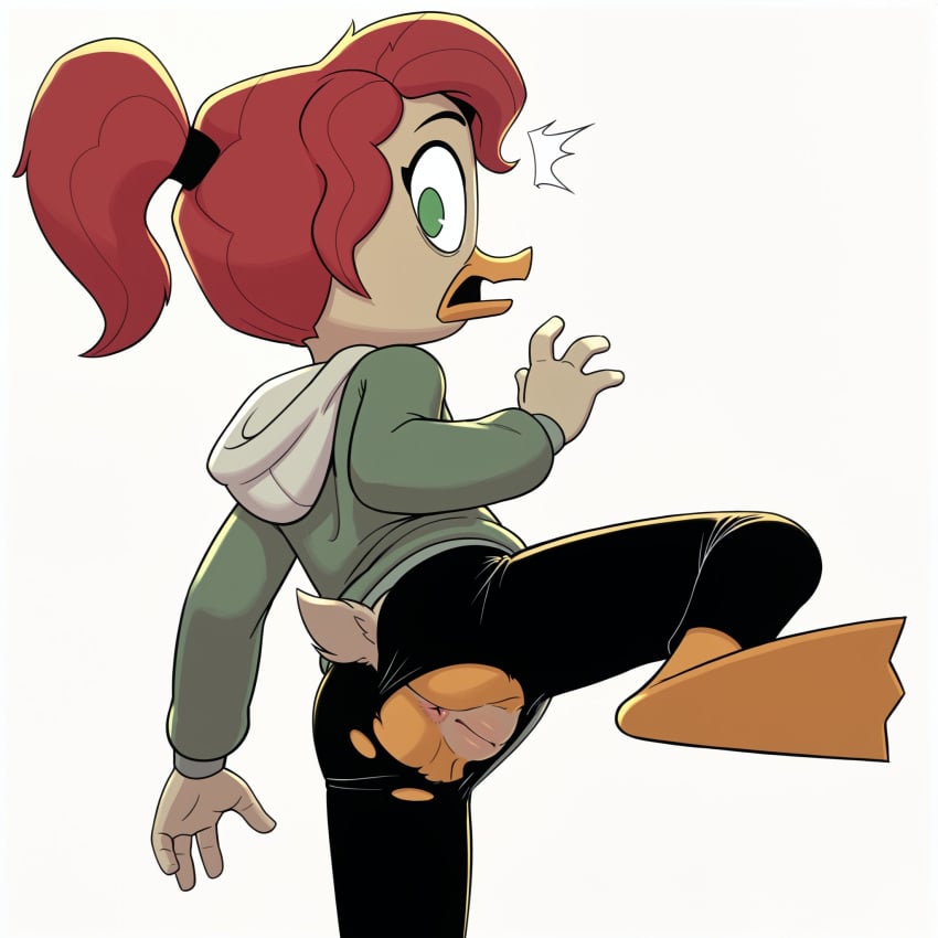 ai_generated anthro ass clothed darkwing_duck disney duck ducktales ducktales_(2017) furry furry_female furry_only gosalyn_mallard green_eyes ponytail pussy red_hair solo standing torn_clothes