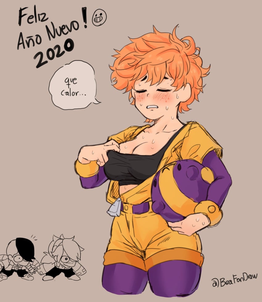 bea_(brawl_stars) beafandraw big_breasts black_topwear breasts breasts orange_hair pulling_clothing sweat sweaty sweaty_body