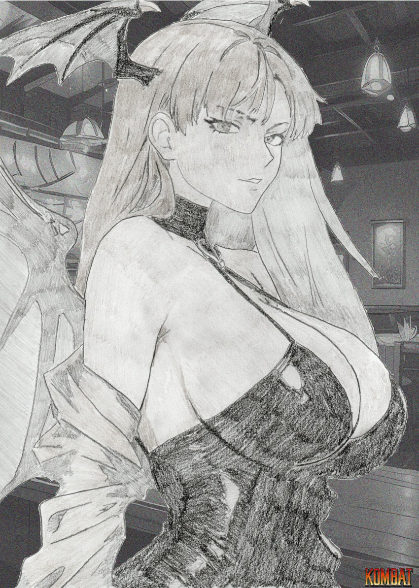 1girls big_breasts breasts darkstalkers female female_only head_wings hi_res highres huge_breasts kombat large_breasts long_hair monochrome morrigan_aensland