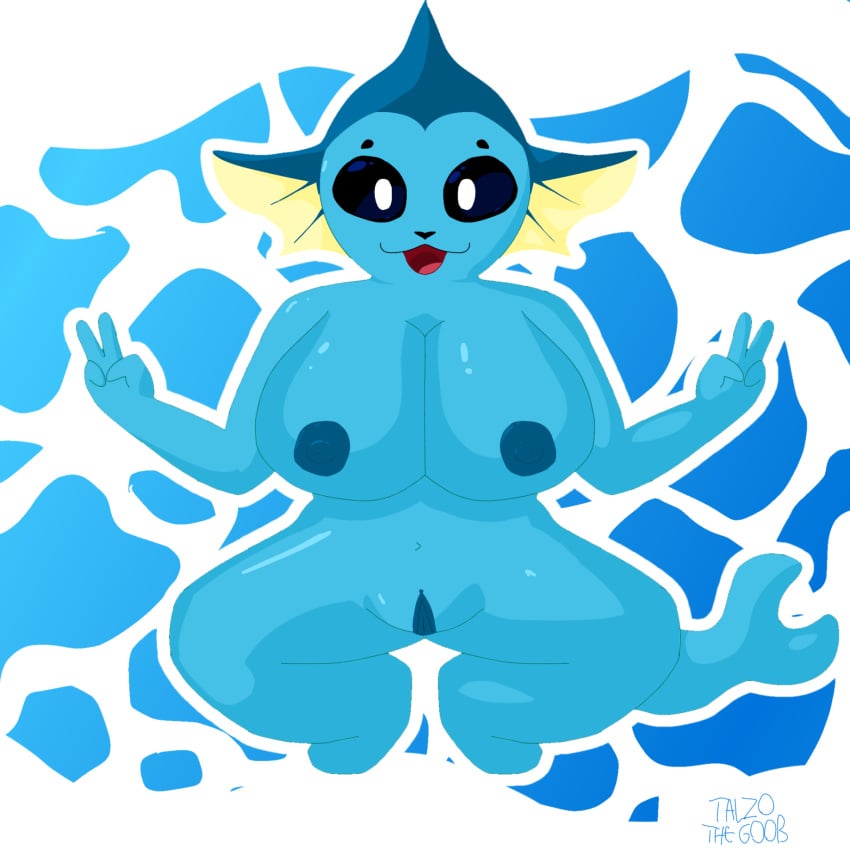 anthro areola big_breasts breasts crouching eeveelution female generation_1_pokemon genitals gesture hand_gesture hi_res huge_breasts looking_at_viewer nintendo open_mouth pokemon pokemon_(species) presenting presenting_pussy pussy solo solo_focus talzothegoob thick_thighs v_sign vaporeon