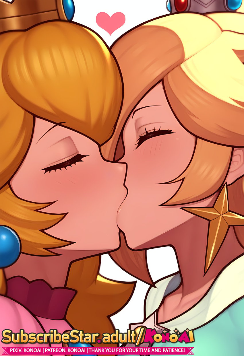 2girls ai_generated blonde_hair caucasian close-up closed_eyes collarbone crown dress earrings eyelashes heart kissing konoai light_skin lips princess_peach rosalina url yuri