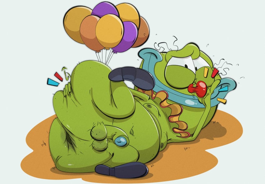 1boy amphibian anthro ass ass_grab ass_spread balloon balloons balls ballsack belly blue_lips cane_toad clown clown_nose ed_bighead fat_ass genitals green_skin hand_on_ass hand_on_nose jodero large_ass looking_at_viewer lying_on_side male male_nipples male_only mature mature_male nickelodeon nude nude_male overweight overweight_male penis red_nose rocko's_modern_life smiling smiling_at_viewer solo solo_male toad toad_(frog)