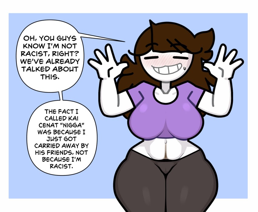 1girls accurate_art_style bangs black_pants blue_background blush breasts brown_hair clothing crop_top english english_dialogue english_language english_text facing_viewer female grin hands_up huge_breasts jaiden jaiden_(jaiden_animations) jaiden_animations jaidenanimations large_breasts long_hair midriff navel nose_blush pants purple_shirt sexually_suggestive shirt short_sleeves simple_background smile solo speech_bubble steca sweat text thelazyart thick_legs thick_thighs thighs white_skin wide_hips yoga_pants youtube youtuber youtuber_girl youtubers