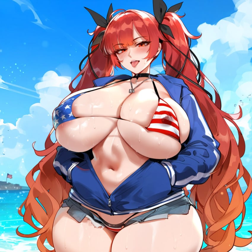 1girls ai_generated american_flag_bikini areolae azur_lane bangs bikini blue_sky blush breasts choker cleavage cloud curvy day eyebrows_visible_through_hair flag_print gigantic_breasts hair_ribbon honolulu_(azur_lane) huge_breasts jacket long_hair looking_at_viewer navel open_mouth red_eyes red_hair ribbon sky solo sweat swimsuit thick_thighs twintails wide_hips