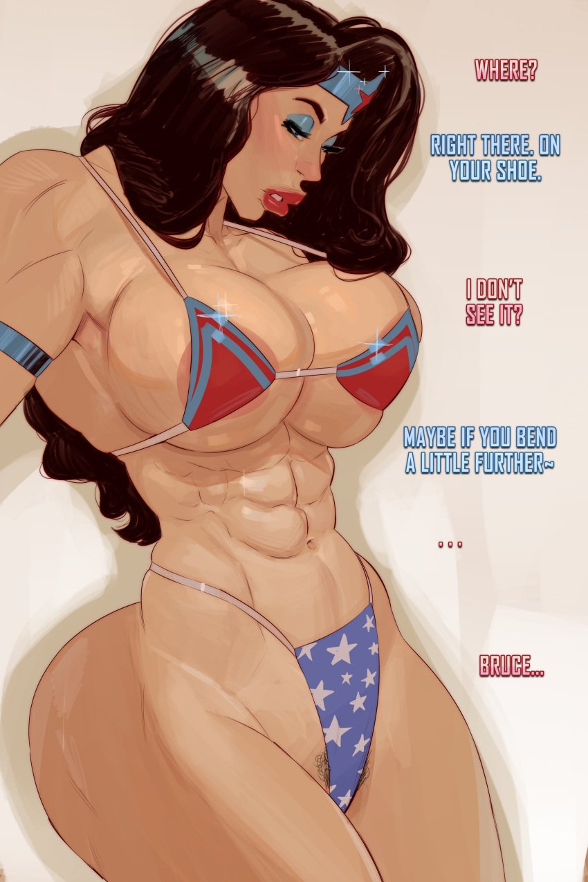 1girl 1girls abs big_breasts bikini black_hair breasts character_name dc dc_comics diana_prince english_text female female_focus female_only lipstick long_hair meinfischer muscular muscular_female pubic_hair thick_thighs wide_hips wonder_woman wonder_woman_(series)