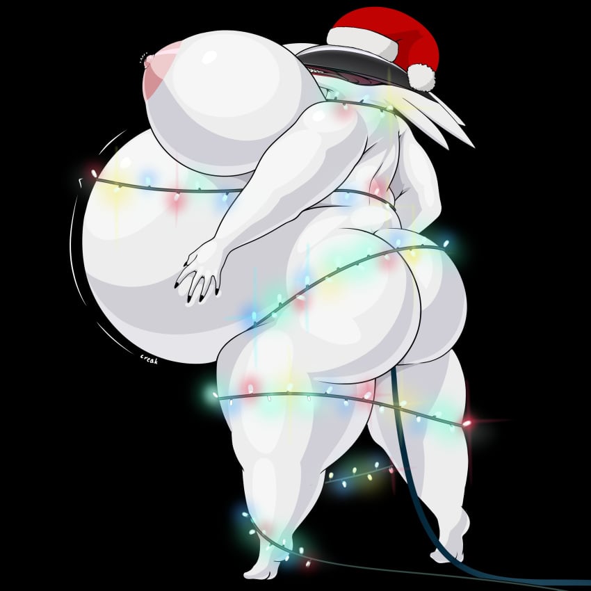 absurd_res anthro areola ass big_breasts breasts digital_media_(artwork) female genitals hi_res holidays huge_breasts inflation inflation_fetish mammal new_year new_year_2025 nipples simple_background solo thick_thighs white_body wide_hips xeddo