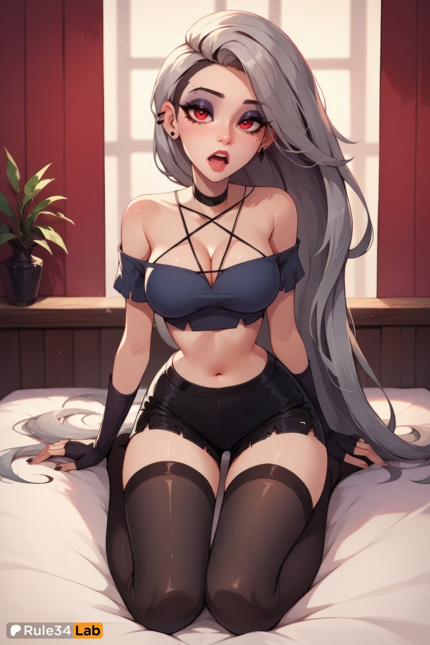 1girls ai_generated artist_name bare_shoulders bed bed_sheet black_choker black_gloves black_nails black_shorts black_thighhighs blush breasts choker cleavage collarbone criss-cross_halter crop_top curtains ear_piercing earrings fingerless_gloves gloves grey_hair helluva_boss hi_res humanized indoors jewelry large_breasts long_hair looking_at_viewer loona_(helluva_boss) makeup medium_breasts midriff nail_polish navel off-shoulder_shirt off_shoulder on_bed open_mouth patreon_username piercing red_eyes red_lips rule34lab shirt short_shorts shorts sitting solo thighhighs thighs very_long_hair wariza window