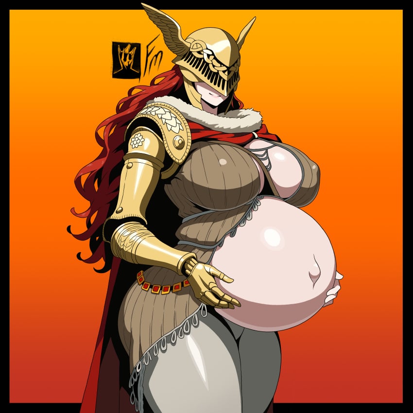 1girls big_belly big_breasts breasts cape clothed clothing covered_eyes elden_ring exposed_midriff exposed_torso female female_only fromsoftware fungus-man hand_on_belly hand_on_stomach helmet large_breasts light-skinned_female light_skin long_hair malenia_blade_of_miquella mechanical_arm midriff navel nipples nipples_visible_through_clothing pregnant red_hair self_upload smile smiling solo solo_female standing tagme wide_hips winged_helmet