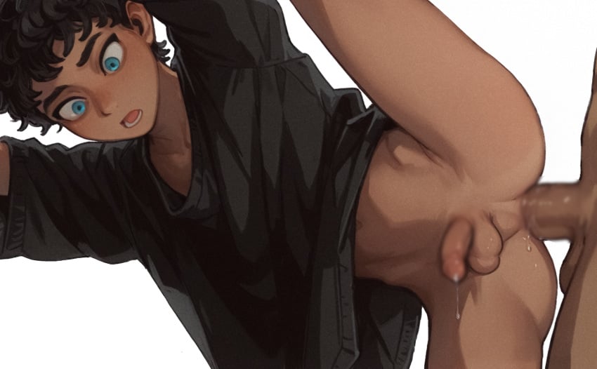 2boys absurdres anal artist_request ass black_hair black_shirt blue_eyes blur_censor blush bottomless censored commentary cum cumdrip curly_hair dark-skinned_male dark_skin dungeon_meshi erection highres kabru leg_up male_focus multiple_boys open_mouth penis precum sex sex_from_behind shirt short_hair solo_focus split spread_legs teeth testicles thighs wide-eyed yaoi