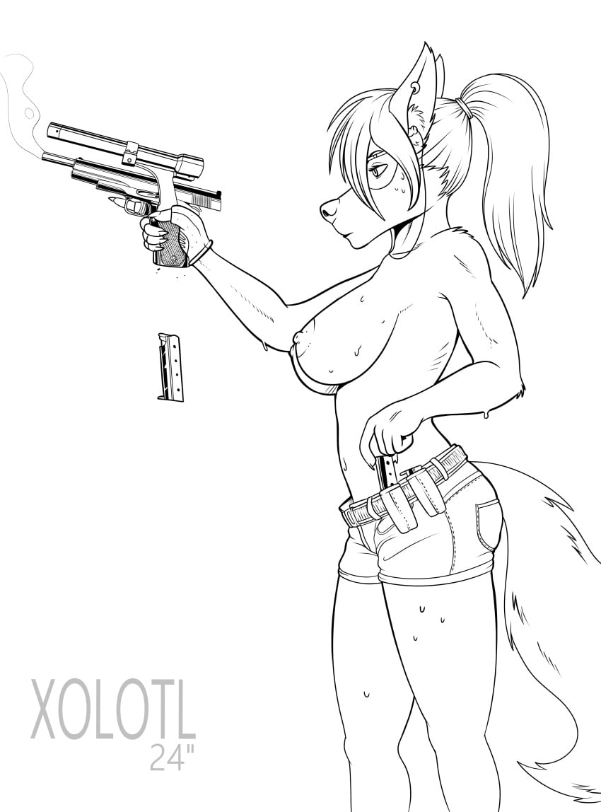 2024 5_fingers absurd_res anthro big_breasts bottomwear breasts canid canine canis clothed clothing daisy_dukes denim denim_bottomwear denim_clothing denim_shorts digital_media_(artwork) ear_piercing elizabeth_(xolotl_59) female fingers fur gun handgun hi_res holding_gun holding_object holding_ranged_weapon holding_weapon hotpants mammal muscular nipples nude piercing pistol ranged_weapon shorts simple_background skimpy solo standing teeth weapon wide_hips wolf xolotl_59