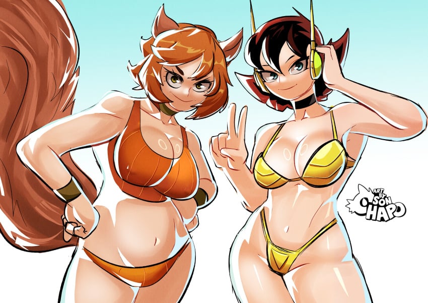 2girls animal_ears bikini black_hair breasts brown_eyes brown_hair choker cleavage clothing crossover female hair hand_on_hip headphones highleg highleg_bikini large_breasts looking_at_viewer mammal marvel_rivals multicolored_hair multiple_girls navel orange_bikini orange_hair short_hair simple_background smile solo sonchapo squirrel_ears squirrel_girl squirrel_girl_(marvel) squirrel_girl_(marvel_rivals) squirrel_tail standing swimsuit tail the_avengers:_earth's_mightiest_heroes thick_thighs thighs v wasp_(earth's_mightiest_heroes) wasp_(marvel) wide_hips yellow_bikini