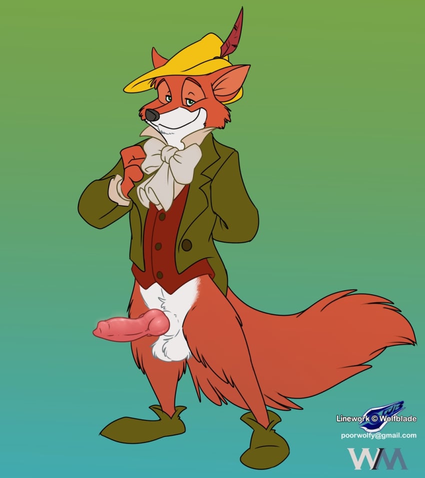 2013 anthro balls bottomless canine canine_penis disney footwear fox fur furry knot male male_only penis robin_hood_(character) robin_hood_(disney) shoes smile solo standing suit testicles wuffamute