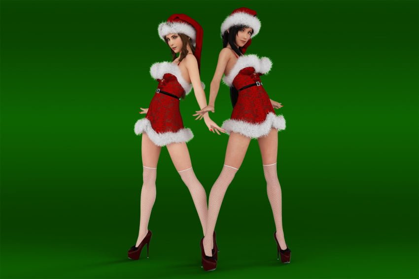 1girls 2girls 3d 3d_(artwork) 3d_model 3d_render aerith_gainsborough belt belt_around_waist big_breasts black_hair brown_hair christmas christmas_clothing christmas_dress christmas_outfit final_fantasy final_fantasy_vii final_fantasy_vii_rebirth final_fantasy_vii_remake fishnet_legwear fishnets green_background green_eyes high_heels highres long_hair looking_at_viewer oh3d painted_nails posing posing_for_the_viewer red_eyes red_fingernails red_high_heels santa_hat short_skirt simple_background slushe_(website) small_breasts tifa_lockhart