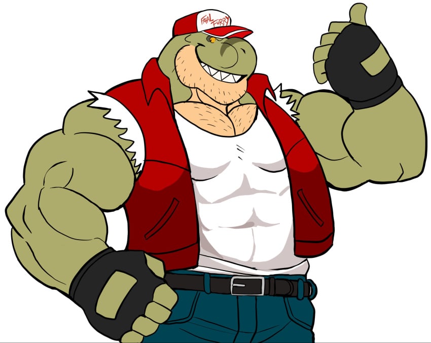 anthro bara barazoku cosplay darknaigart dinosaur fatal_fury jace_(darknaig) king_of_fighters male male_only muscles muscular scalie solo solo_male terry_bogard_(cosplay) thumbs_up tyrannosaurus_rex