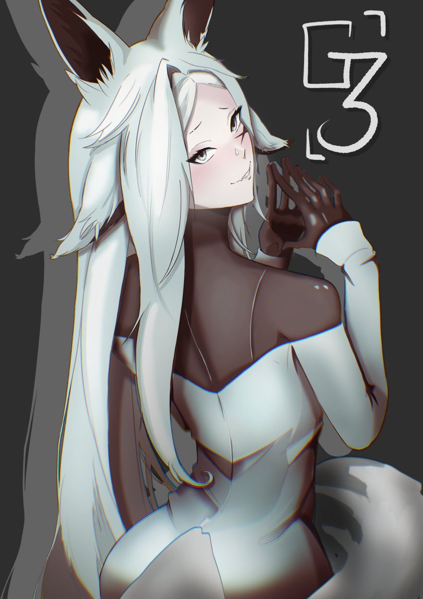 animal_ear_fluff animal_ears bare_shoulders biting black_background blush breasts dress dya_rikku_(vtuber) female fox_ears fox_girl fox_tail gloves grey_background grey_eyes jewelry long_hair long_sleeves looking_at_viewer necklace oerba_yun_fang off_shoulder silver_eyes simple_background smile solo tail very_long_hair vyugen white_hair wolf_tail