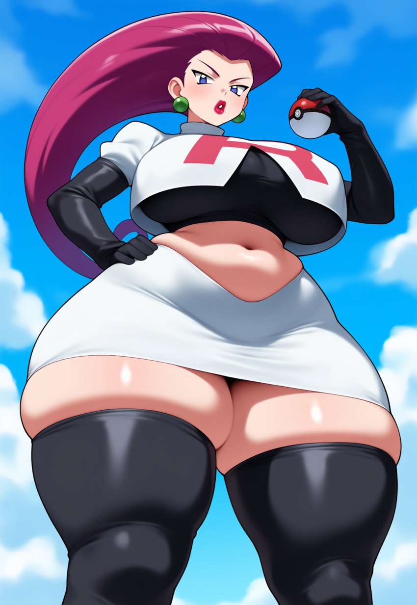 ai_generated big_lips huge_ass huge_breasts jessie_(pokemon) lipstick lubbasdump magenta_hair pokeball pokemon standing_over_viewer team_rocket thick_thighs wide_hips