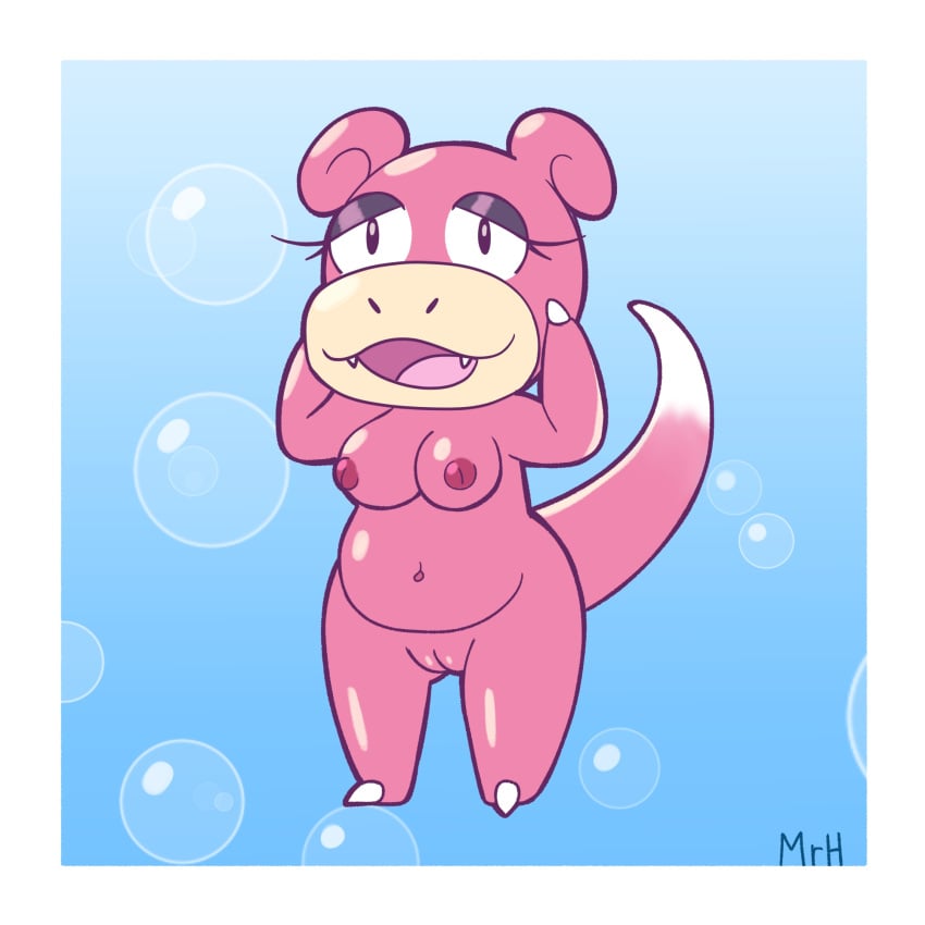 anthro breasts claws el_senor_erizo eyelashes female generation_1_pokemon genitals hi_res mammal nintendo nipples nude open_mouth pink_body pokemon pokemon_(species) slowpoke solo tail