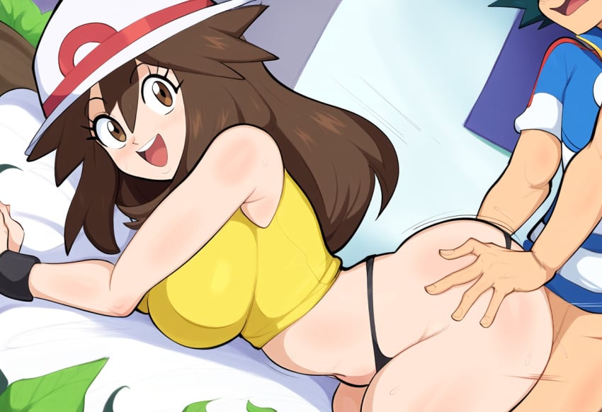 1boy 1boy1girl 1girls ai_generated alternate_breast_size bed bedroom duo female large_breasts leaf_(pokemon) male/female mosaic_censorship mullon novelai pokemon pokemon_(anime) pokemon_frlg pokemon_journeys satoshi_(pokemon) satoshi_(pokemon) straight straight