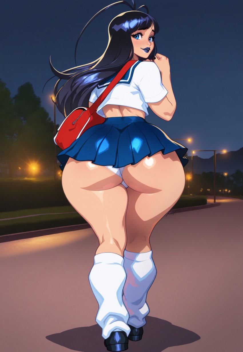 1boy 1femboy 2025 ai_generated ass bag big_ass bleach city_background cityscape dat_ass femboy feminine_male girly giselle_gewelle kimkon203 light-skinned_male lips looking_at_viewer looking_back male male_only miniskirt outdoors outside panties red_bag sailor_collar school_uniform schoolgirl_uniform skirt socks solo standing thick_ass thick_thighs thighs top topwear trap white_panties white_socks