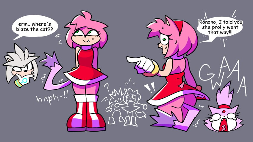 absurd_res after_vore amy_rose anal anal_vore anthro ass blaze_the_cat bodily_fluids dialogue female female/female group hi_res male opis opisvore same_size_vore sega silver_the_hedgehog sonic_the_hedgehog_(series) speech_bubble sweat trio vore