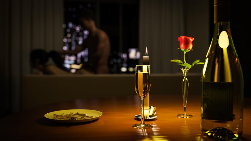 1boy 1boy1girl 1girls 3d 3d_(artwork) 3d_model 3d_render blurred_sex blurry blurry_background candle candlelight champagne dinner dinner_table doggy_style doggy_style highres night oh3d pulling_hair pulling_ponytail rose sex sex_on_couch slushe_(website) vase