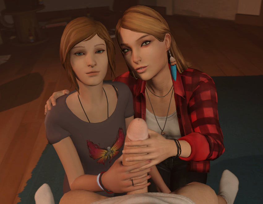 1boy 2018 2girls 3d 5_fingers blonde_hair blue_eyes bored brown_hair checkered_shirt chloe_price clothes dirty_blonde_hair ear_piercing earrings erection eyebrows feather_earrings female green_eyes hair hand_on_penis handjob hands hands_on_penis hazel_eyes huge_cock human imminent_fellatio imminent_oral life_is_strange lips long_hair looking_at_viewer male male_pov multiple_girls nail_polish necklace no_pants nose penis pink_nails pov rachel_amber red_shirt ring shiny shiny_skin short_hair socks source_filmmaker straight teamwork threesome twin_handjob two-handed_handjob venomous_sausage