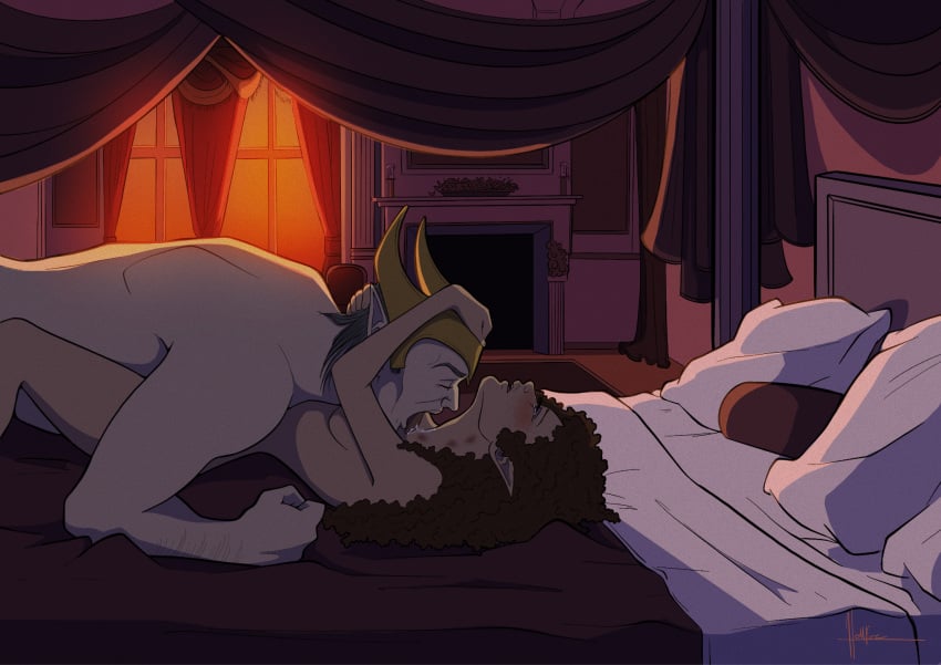 crown crown_only curly_hair dragon_age dragon_age_the_veilguard elgar'nan hickey licking licking_neck love_bite on_back on_bed pointy_ears rook_(dragon_age) size_difference tan_skin white_skin