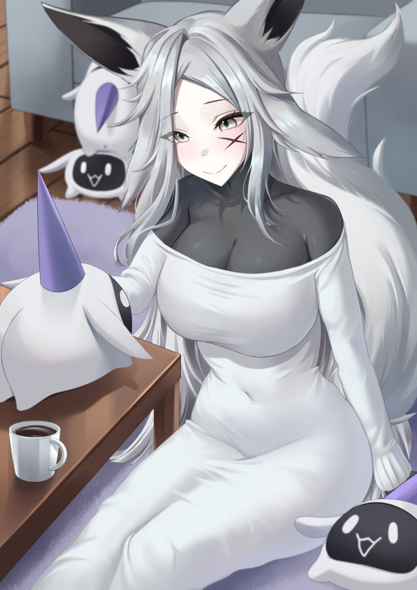 animal_ears bare_shoulders blush breasts cleavage closed_mouth coffee coffee_mug covered_navel cup dya_rikku_(vtuber) facial_mark female fox_ears fox_tail grey_eyes indoors large_breasts long_hair looking_at_viewer mug multiple_tails off_shoulder shirt silver_eyes silver_hair sitting smile solo tail teacup very_long_hair vyugen white_hair