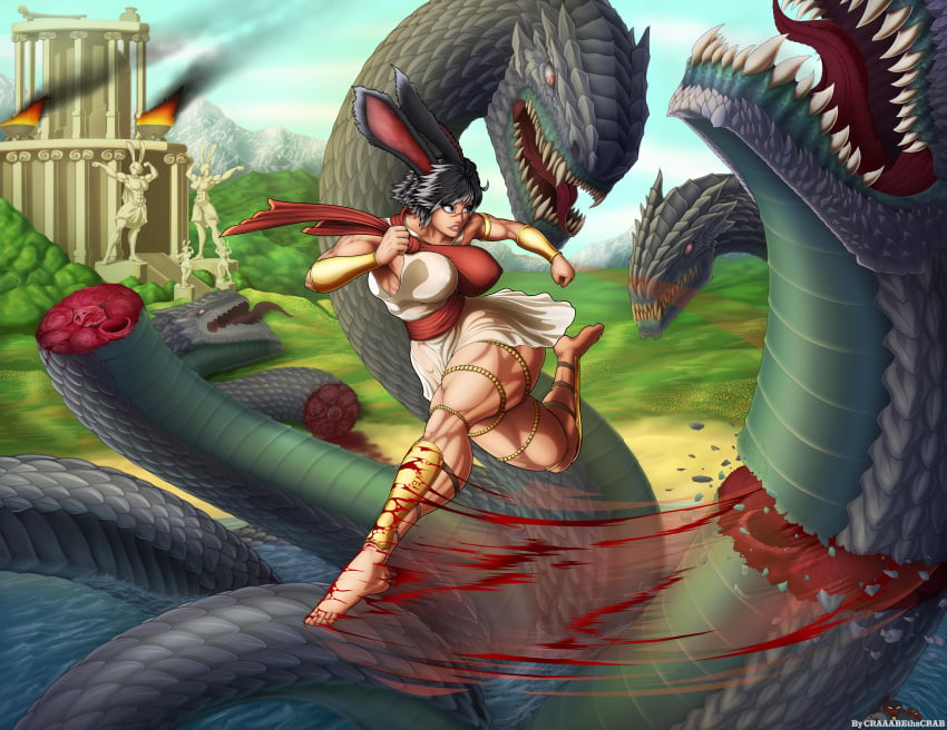 absurd_res athletic athletic_female battle biceps big_muscles big_nipples big_thighs black_hair blood breasts bunny_ears bunny_girl craaabe decapitation epic_battle_fantasy fantasy feet final_fantasy_xiv greek_mythology huge_breasts hydra large_breasts martial_arts massive_breasts monster muscle_girl nipple_bulge nipples short_hair thick_thighs toned toned_body triceps viera