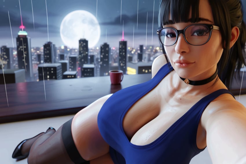 1girls 3d 3d_(artwork) ai_generated balcony bangs big_ass big_breasts big_butt big_thighs brown_hair brown_hair brunette_hair busty city city_background cityscape cleavage glasses madz(oc) nerd nerdy nerdy_female night ponytail radnsad solo solo_female solo_focus thick thick_ass thick_thighs thighs