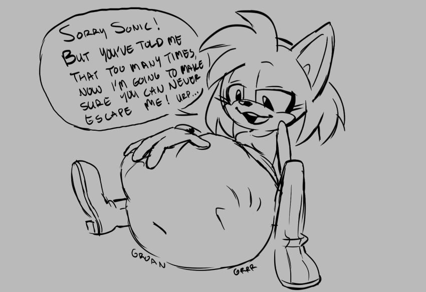 amy_rose anthro belly big_belly dialogue duo female female_pred gothmeup hi_res male male/female male_prey oral_vore same_size_vore sega sonic_(series) sonic_the_hedgehog sonic_the_hedgehog_(series) speech_bubble stomach_bulge vore